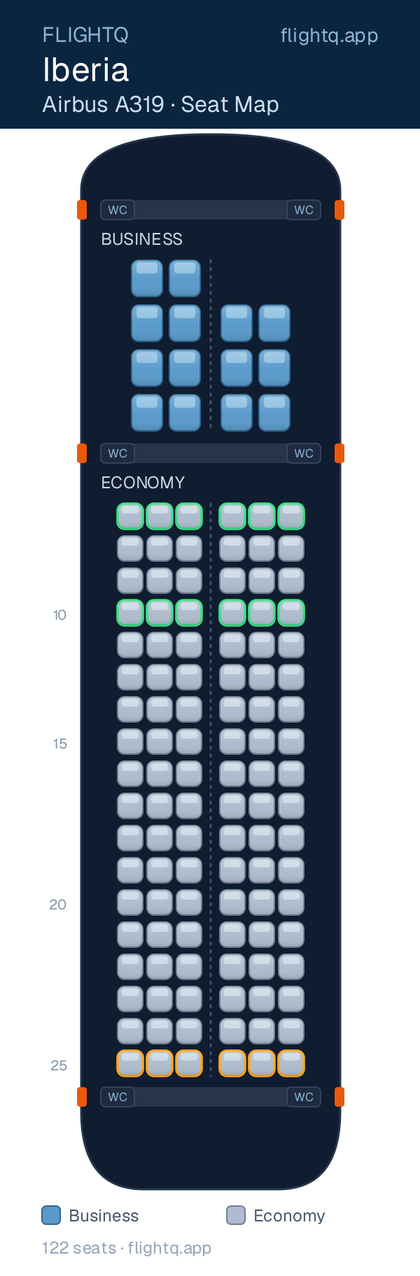 Iberia Airbus A319 seat map with 122 seats across 2 cabins — best seats and rows to avoid