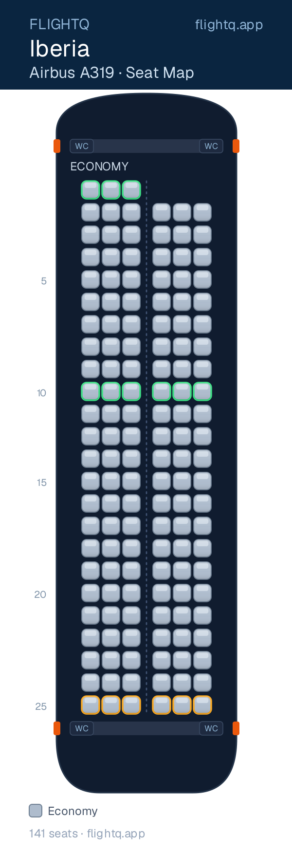 Iberia Airbus A319 seat map with 141 seats — best seats and rows to avoid