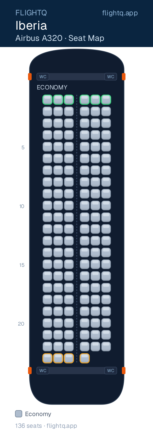 Iberia Airbus A320 seat map with 136 seats — best seats and rows to avoid