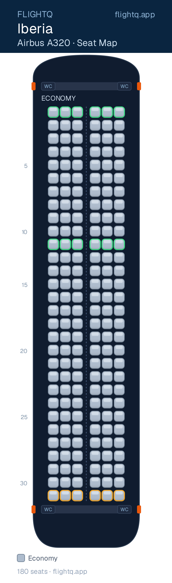 Iberia Airbus A320 seat map with 180 seats — best seats and rows to avoid