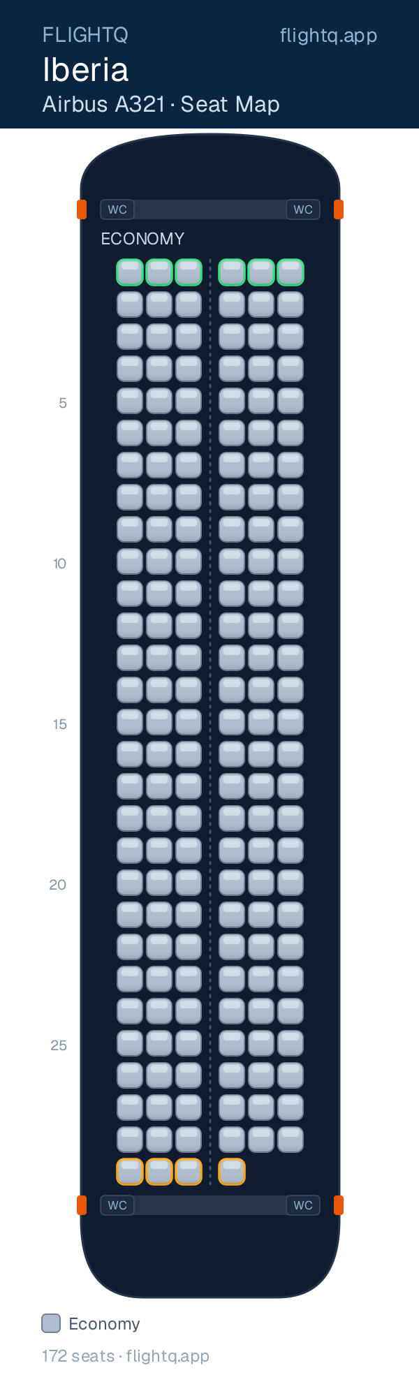 Iberia Airbus A321 seat map with 172 seats — best seats and rows to avoid