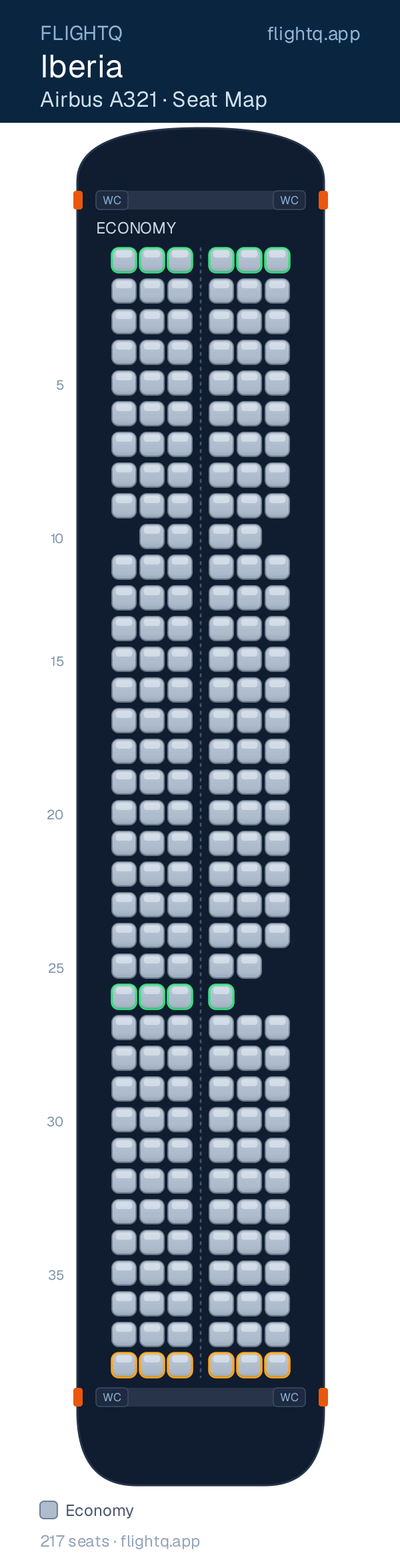 Iberia Airbus A321 seat map with 217 seats — best seats and rows to avoid