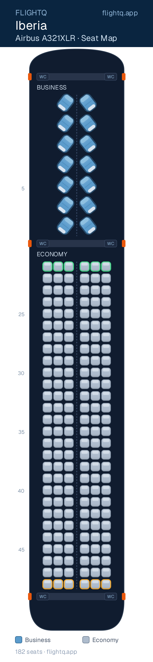 Iberia Airbus A321XLR seat map with 182 seats across 2 cabins — best seats and rows to avoid