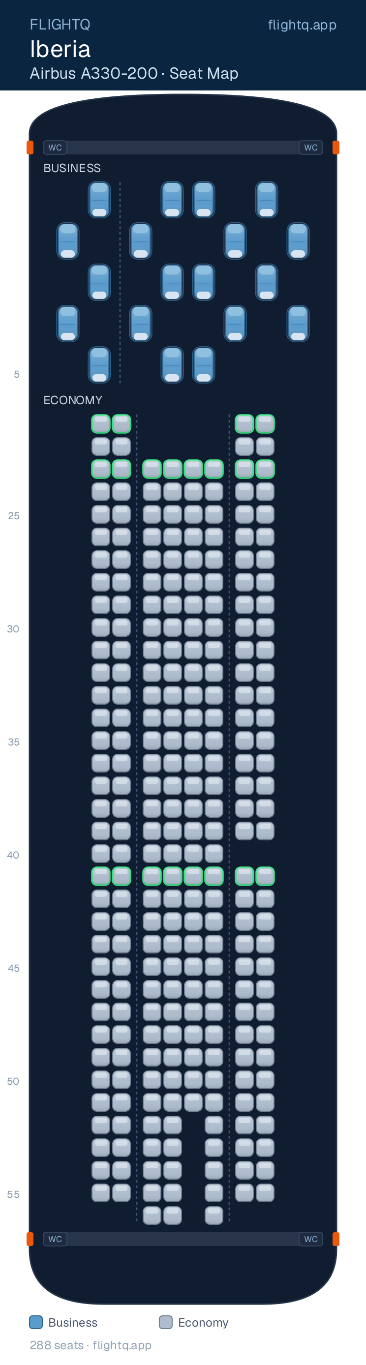 Iberia Airbus A330-200 seat map with 288 seats across 2 cabins — best seats and rows to avoid