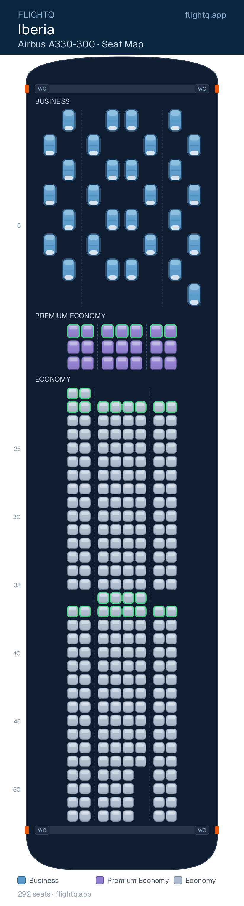 Iberia Airbus A330-300 seat map with 292 seats across 3 cabins — best seats and rows to avoid