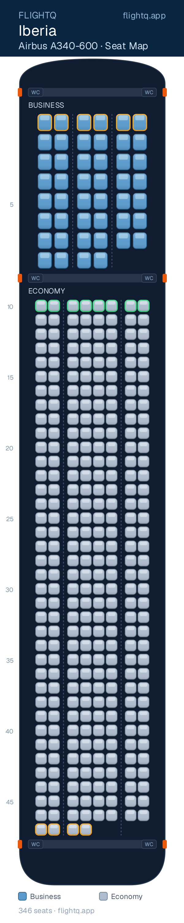 Iberia Airbus A340-600 seat map with 346 seats across 2 cabins — best seats and rows to avoid