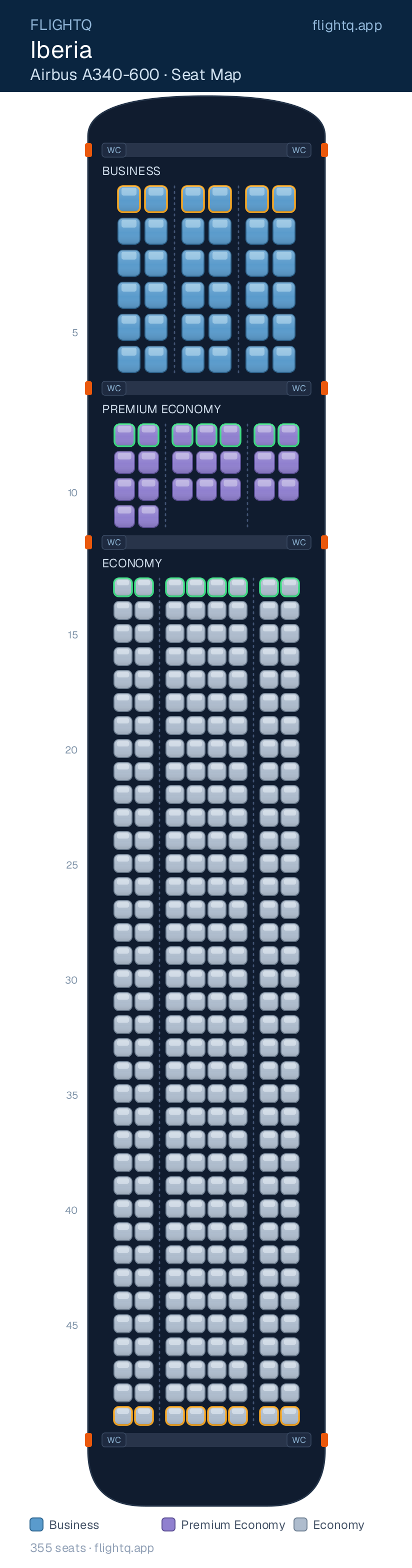 Iberia Airbus A340-600 seat map with 355 seats across 3 cabins — best seats and rows to avoid