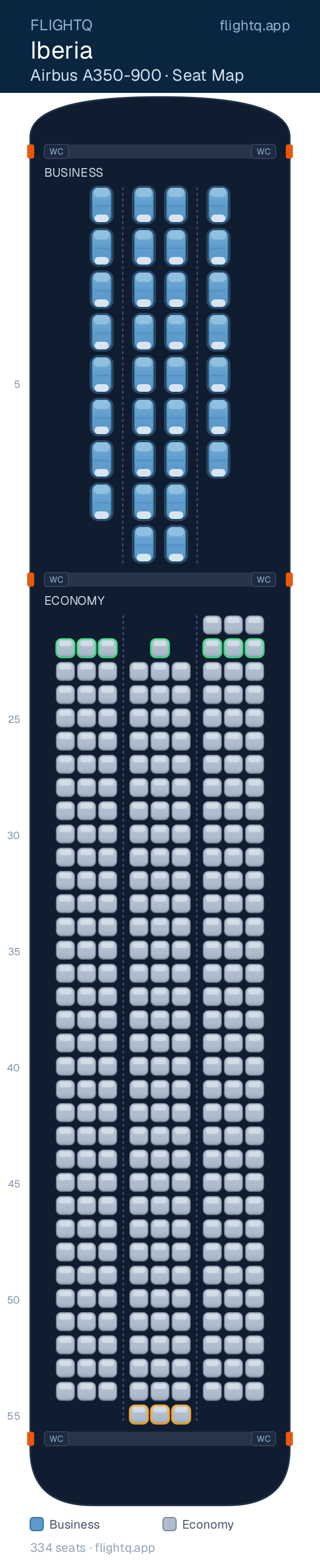 Iberia Airbus A350-900 seat map with 334 seats across 2 cabins — best seats and rows to avoid