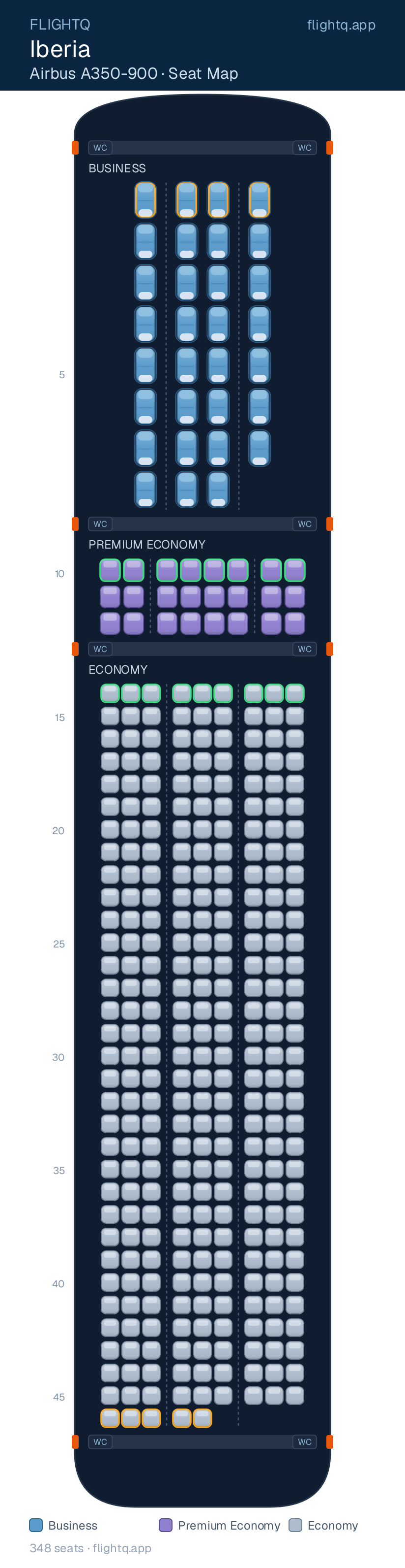 Iberia Airbus A350-900 seat map with 348 seats across 3 cabins — best seats and rows to avoid