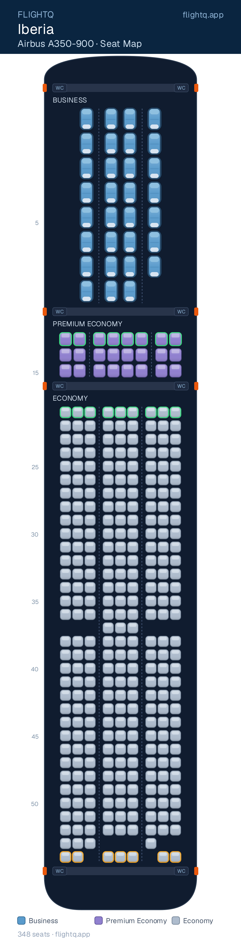Iberia Airbus A350-900 seat map with 348 seats across 3 cabins — best seats and rows to avoid