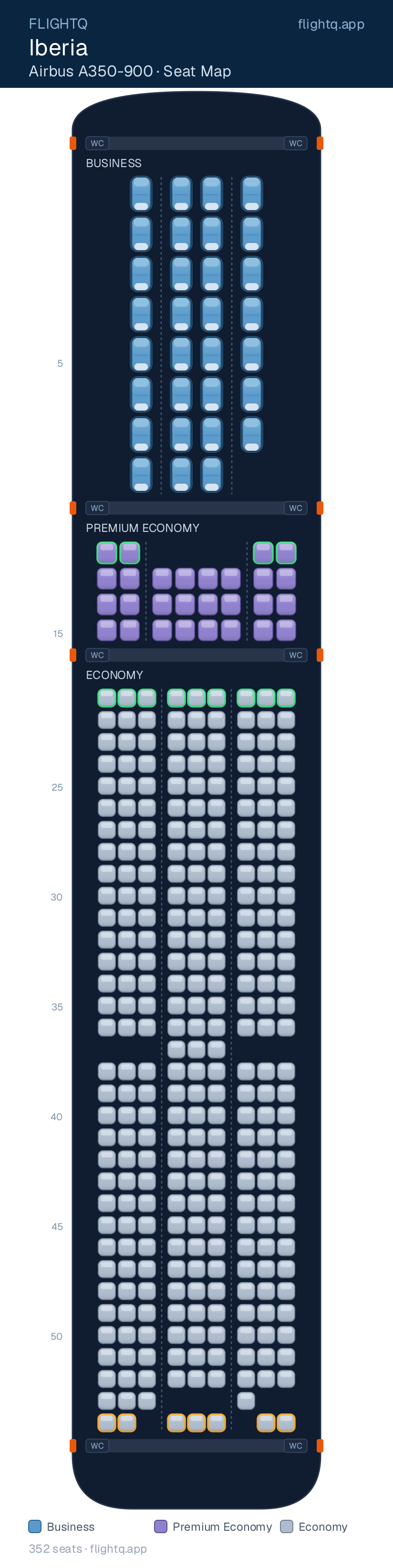 Iberia Airbus A350-900 seat map with 352 seats across 3 cabins — best seats and rows to avoid