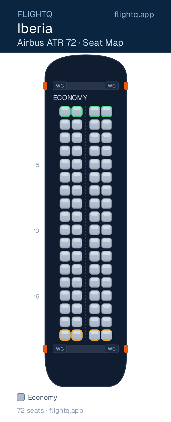 Iberia ATR 72 seat map with 72 seats — best seats and rows to avoid