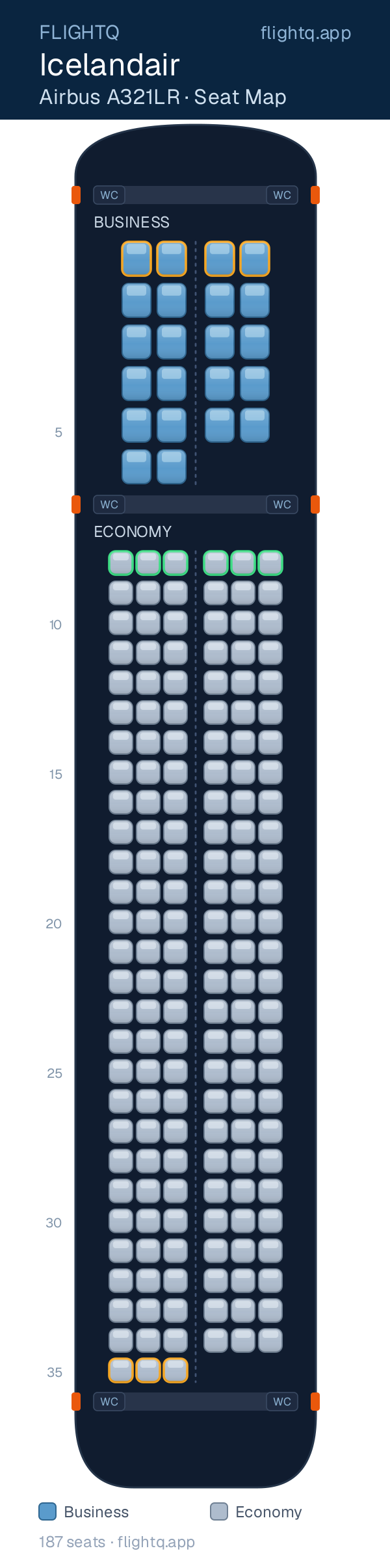 Icelandair Airbus A321LR seat map with 187 seats across 2 cabins — rows to avoid