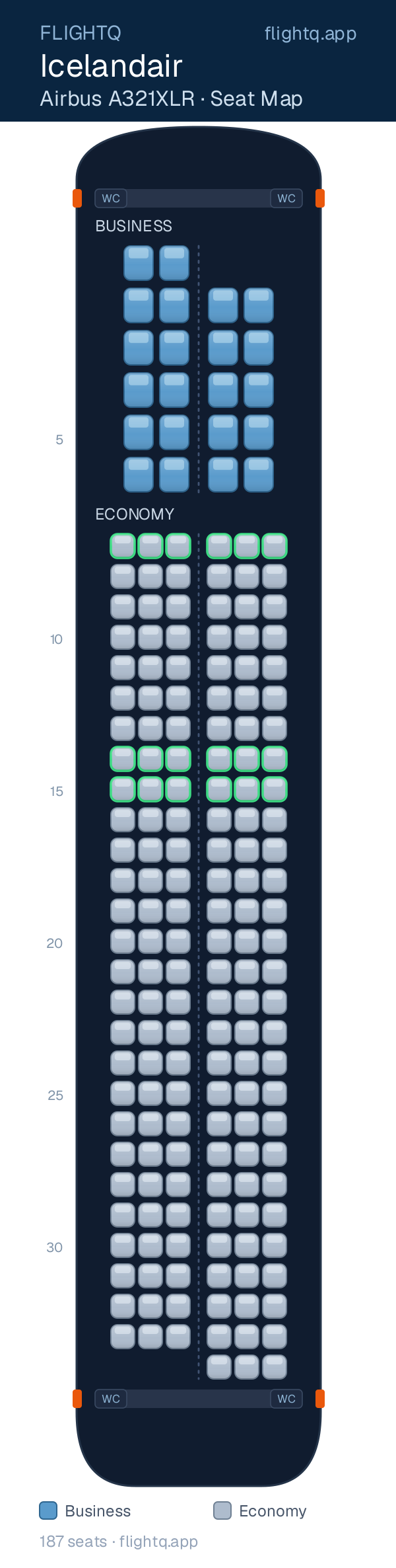 Icelandair Airbus A321XLR seat map with 187 seats across 2 cabins — best seats and rows to avoid