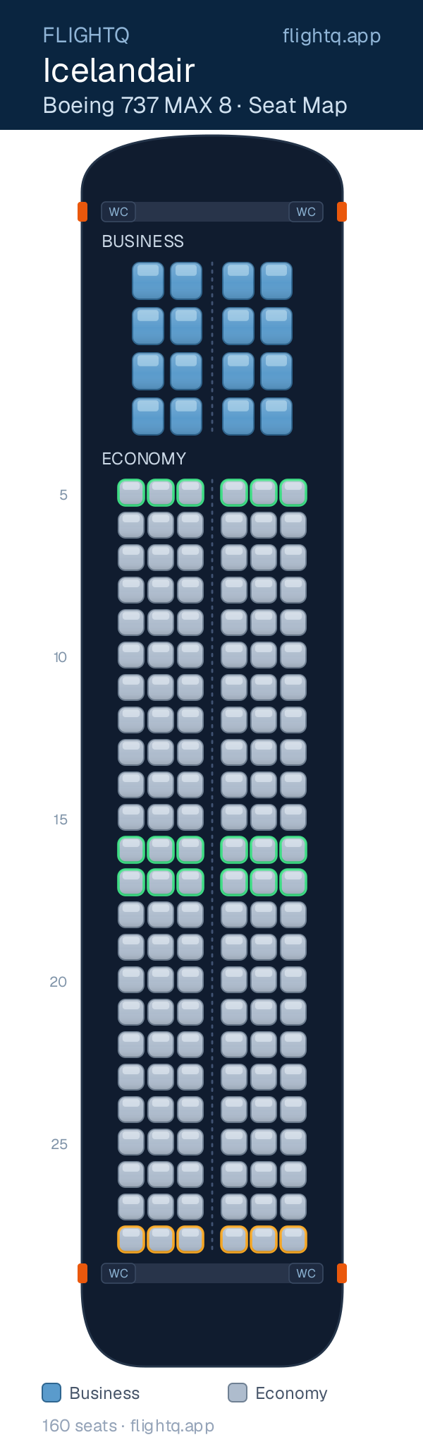 Icelandair Boeing 737 MAX 8 seat map with 160 seats across 2 cabins — best seats and rows to avoid