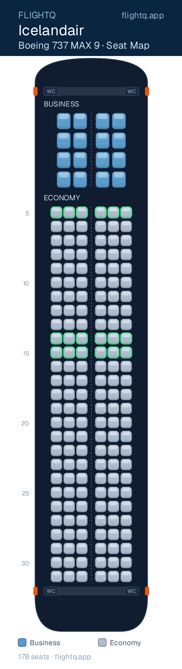 Icelandair Boeing 737 MAX 9 seat map with 178 seats across 2 cabins — best seats and rows to avoid