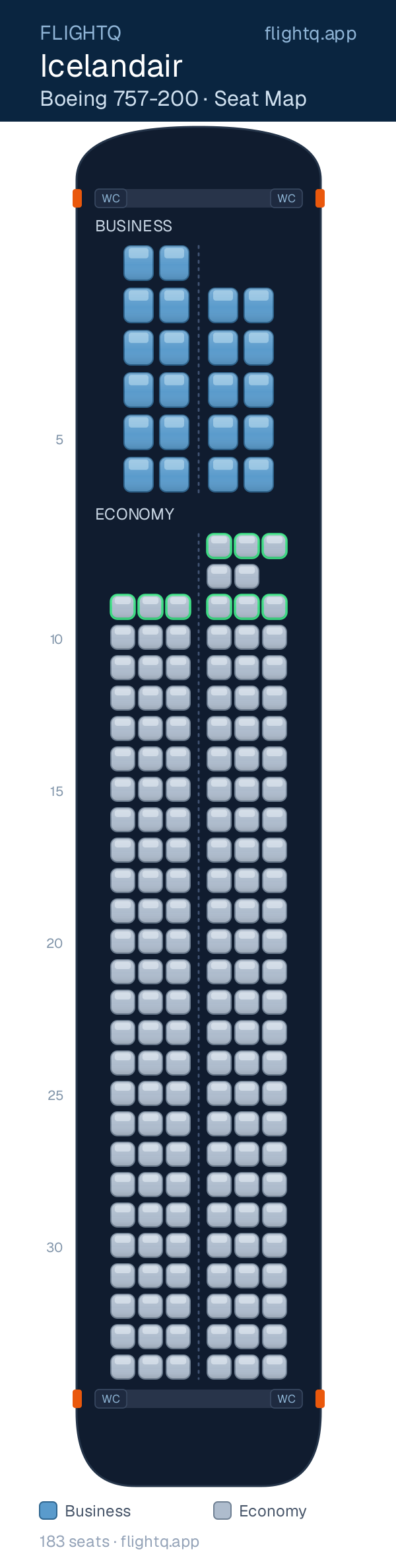 Icelandair Boeing 757-200 seat map with 183 seats across 2 cabins — best seats and rows to avoid