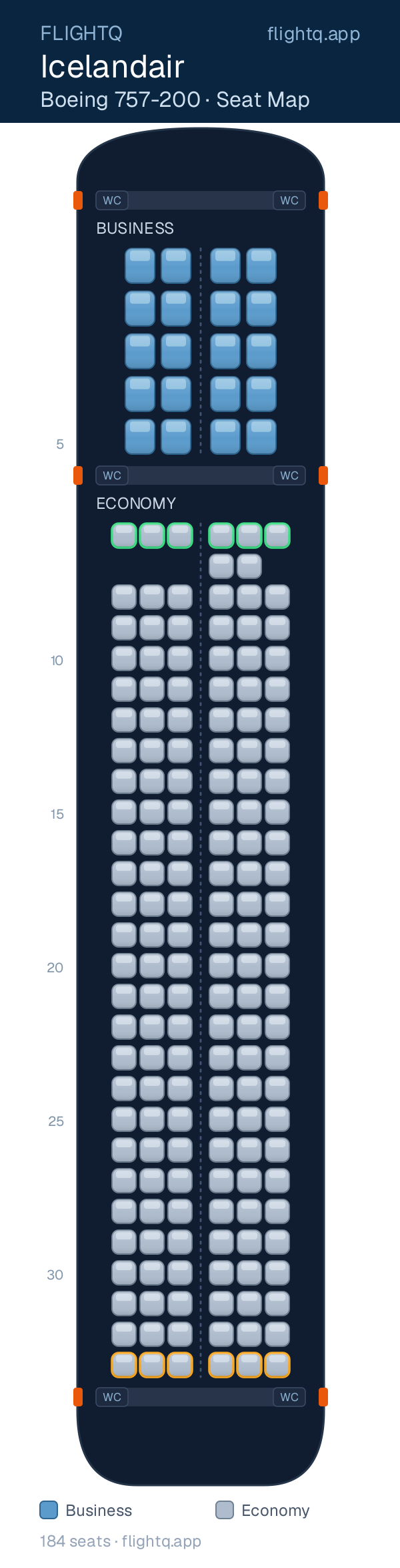 Icelandair Boeing 757-200 seat map with 184 seats across 2 cabins — best seats and rows to avoid