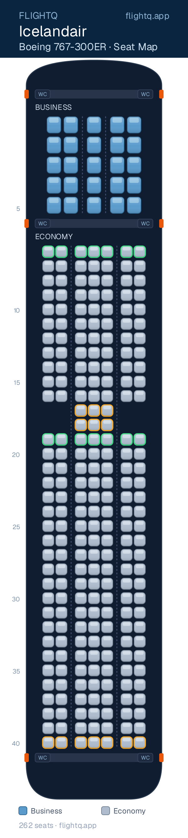 Icelandair Boeing 767-300ER seat map with 262 seats across 2 cabins — best seats and rows to avoid