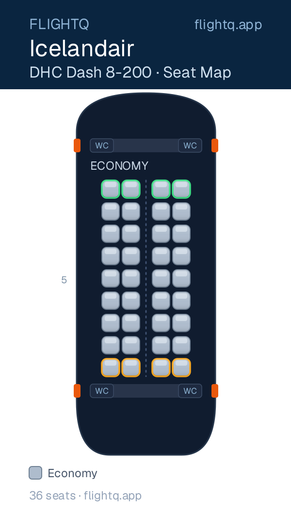 Icelandair DHC Dash 8-200 seat map with 36 seats — best seats and rows to avoid