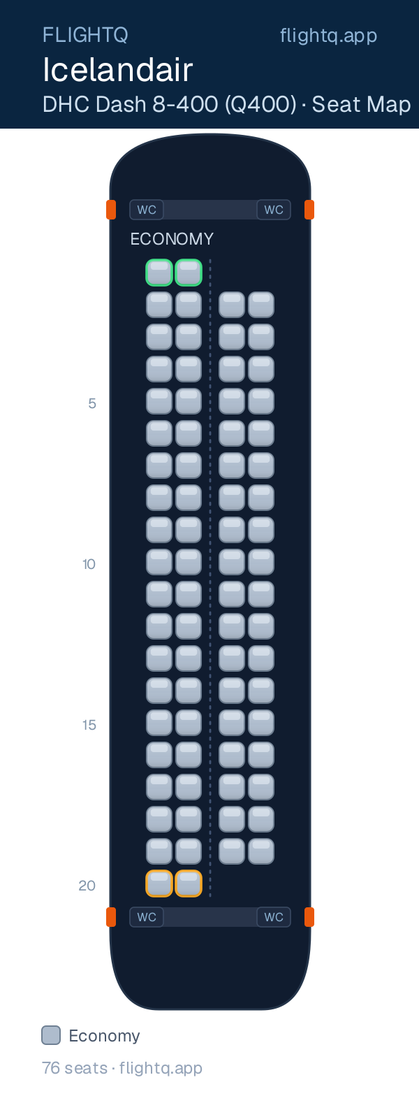 Icelandair DHC Dash 8-400 (Q400) seat map with 76 seats — best seats and rows to avoid