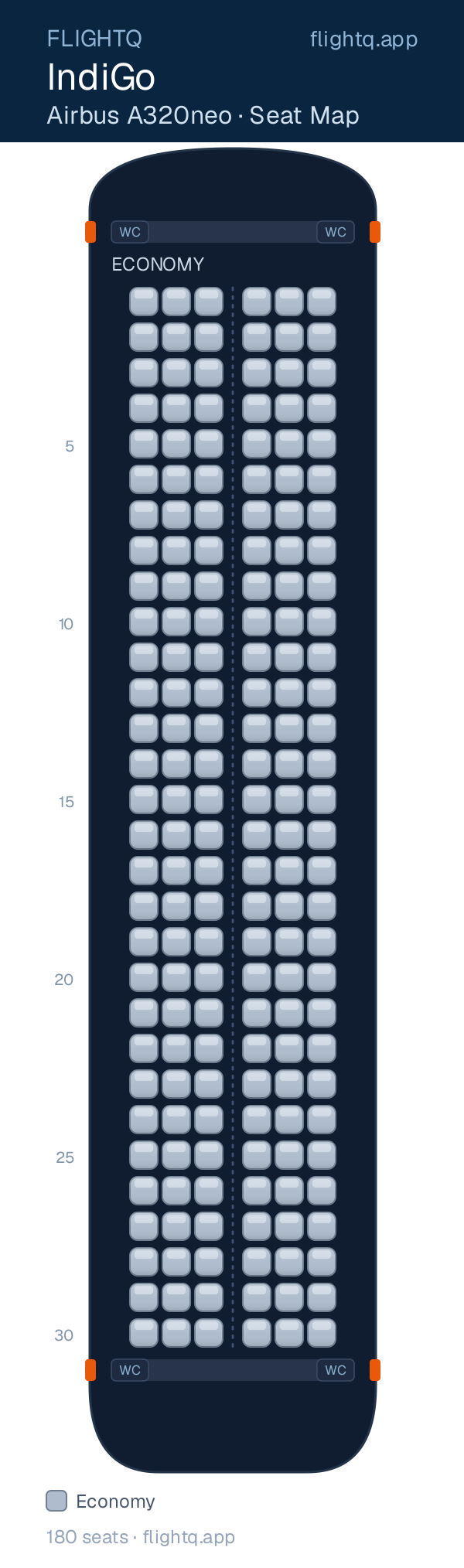 IndiGo Airbus A320neo seat map with 180 seats — best seats and rows to avoid