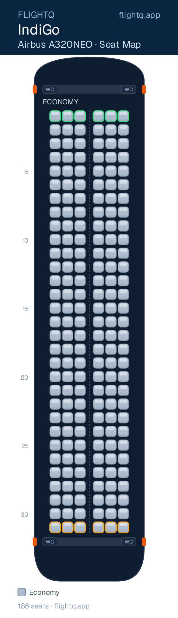 IndiGo Airbus A320NEO seat map with 186 seats — rows to avoid