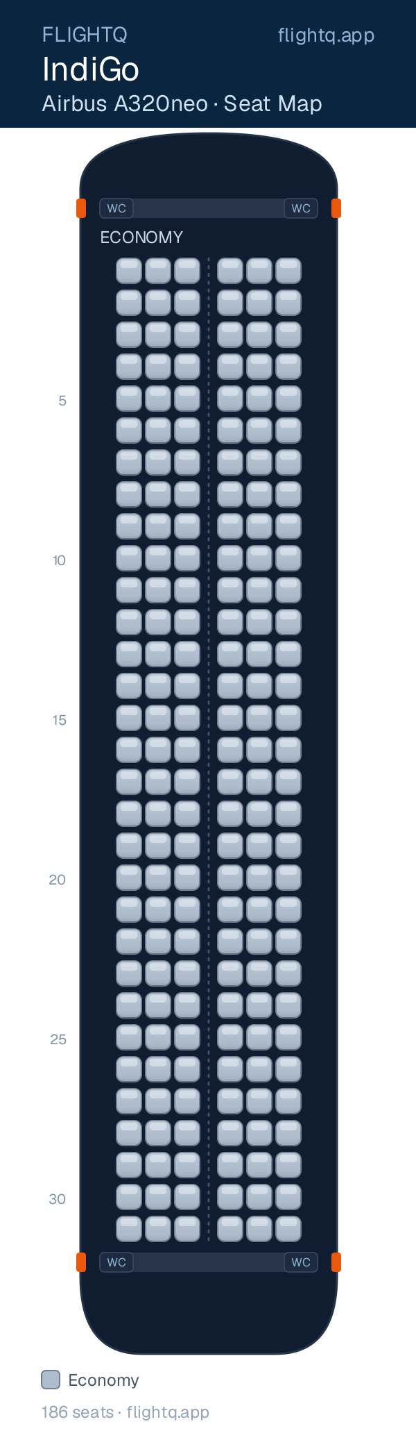 IndiGo Airbus A320neo seat map with 186 seats — best seats and rows to avoid