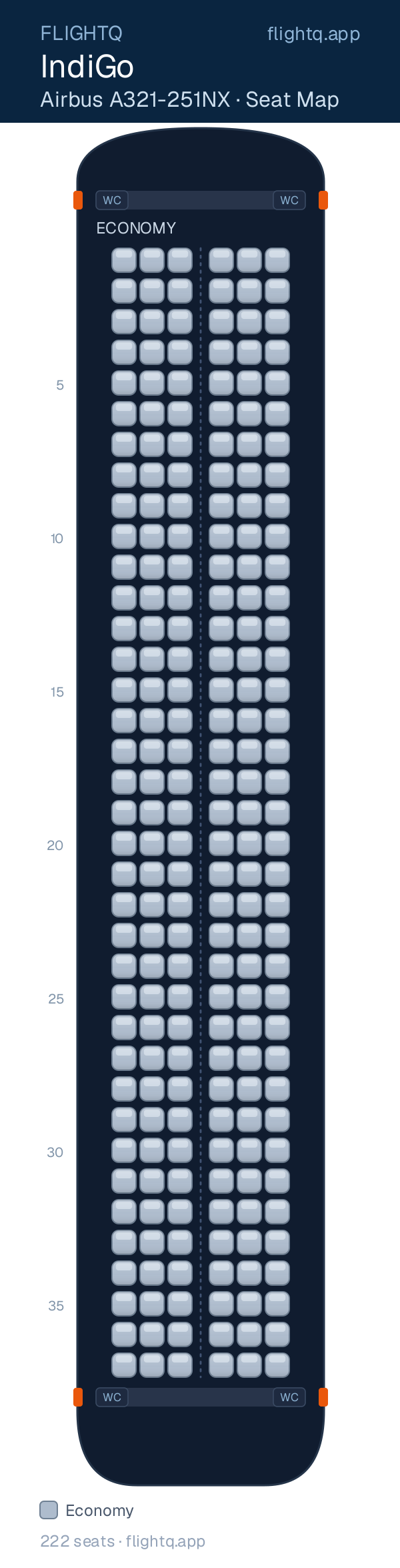 IndiGo Airbus A321-251NX seat map with 222 seats — rows to avoid