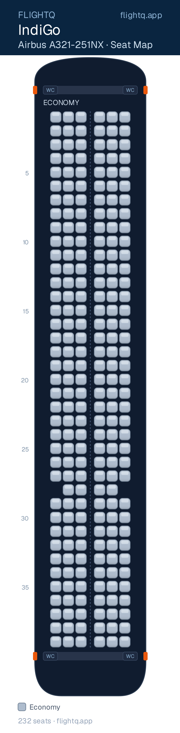 IndiGo Airbus A321-251NX seat map with 232 seats — best seats and rows to avoid