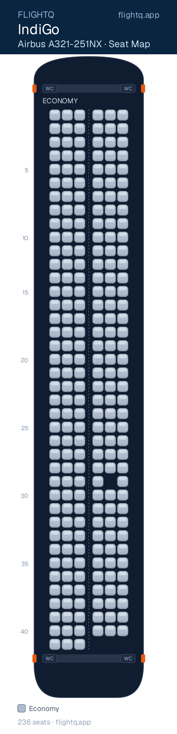 IndiGo Airbus A321-251NX seat map with 236 seats — best seats and rows to avoid