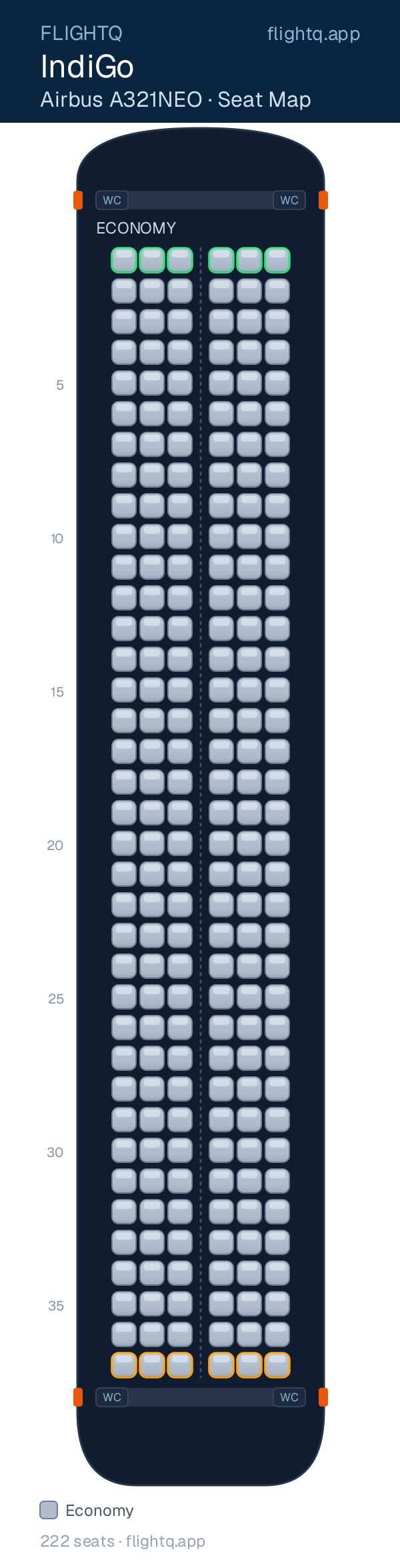 IndiGo Airbus A321NEO seat map with 222 seats — best seats and rows to avoid
