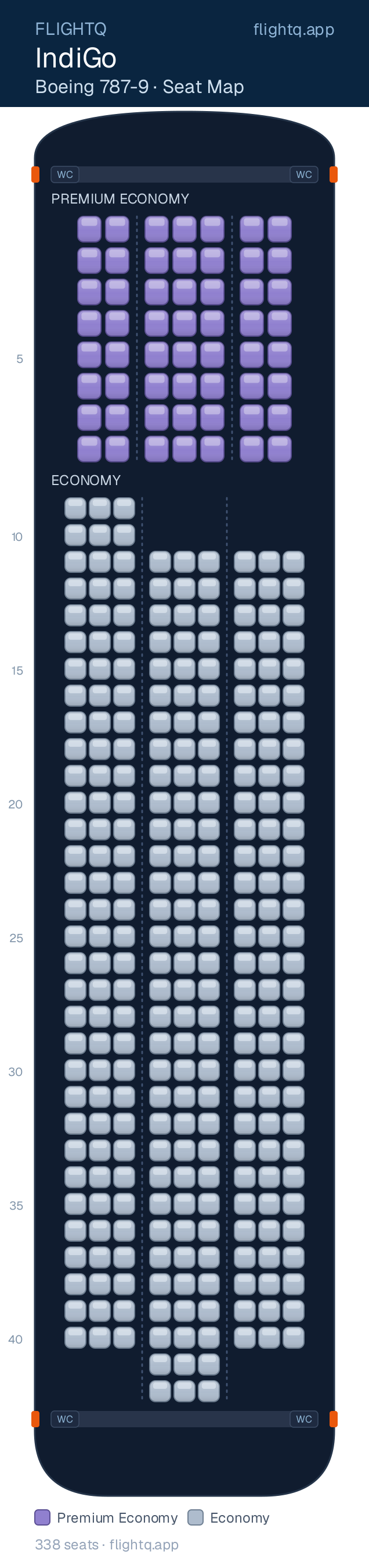 IndiGo Boeing 787-9 Dreamliner seat map with 338 seats across 2 cabins — best seats and rows to avoid