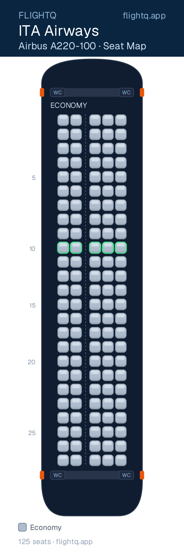ITA Airways Airbus A220-100 seat map with 125 seats — best seats and rows to avoid