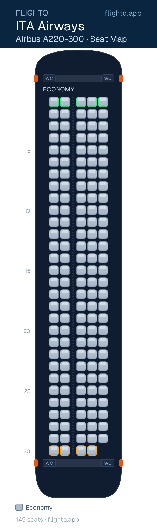 ITA Airways Airbus A220-300 seat map with 149 seats — best seats and rows to avoid
