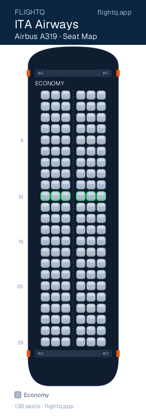 ITA Airways Airbus A319 seat map with 138 seats — best seats and rows to avoid