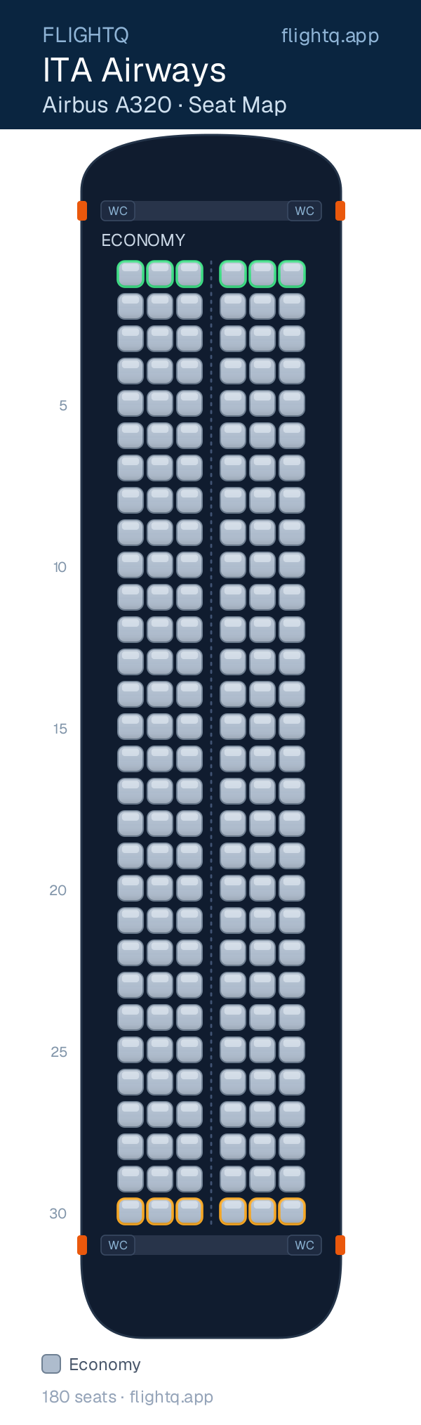 ITA Airways Airbus A320 seat map with 180 seats — best seats and rows to avoid