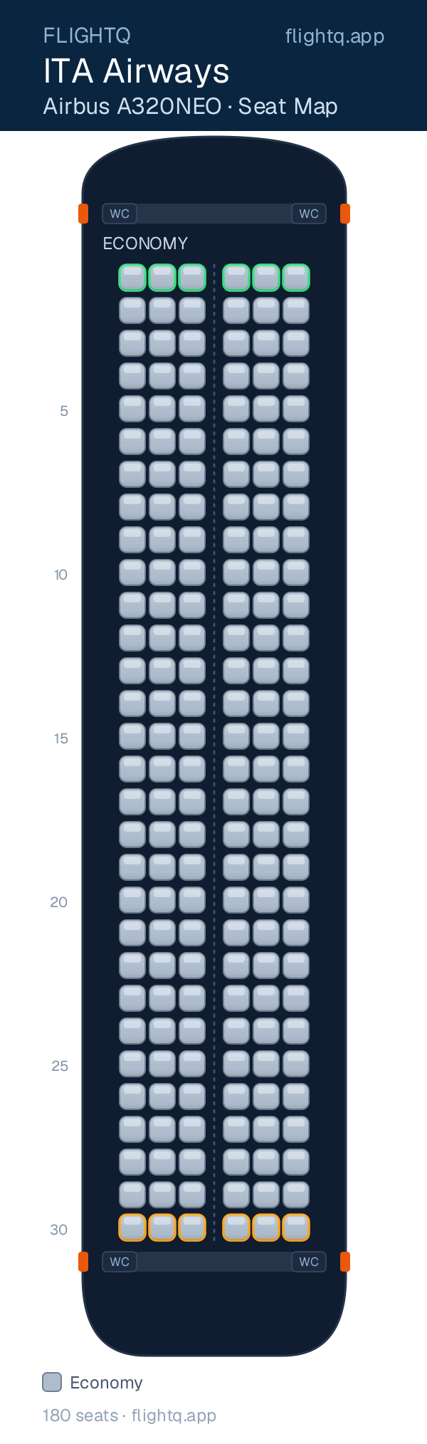 ITA Airways Airbus A320NEO seat map with 180 seats — best seats and rows to avoid
