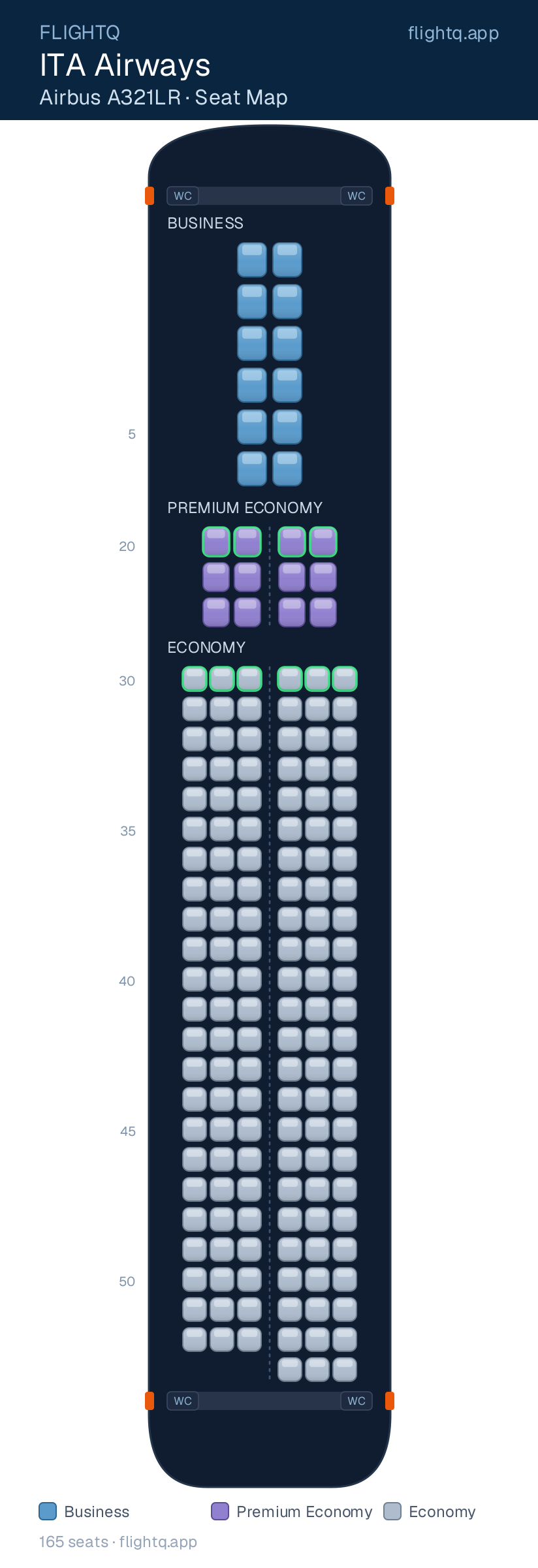 ITA Airways Airbus A321LR seat map with 165 seats across 3 cabins — best seats and rows to avoid