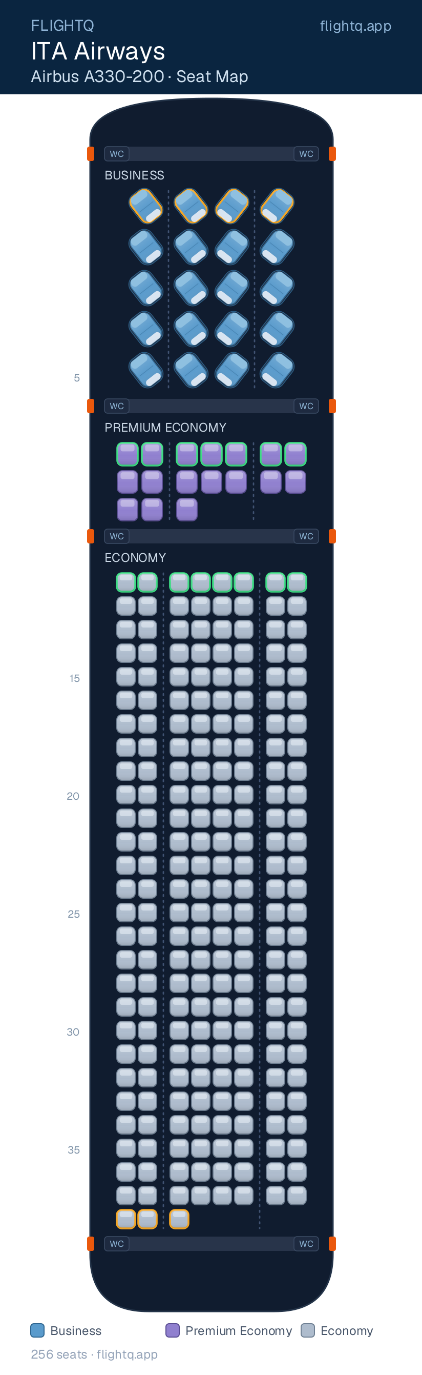 ITA Airways Airbus A330-200 seat map with 256 seats across 3 cabins — best seats and rows to avoid