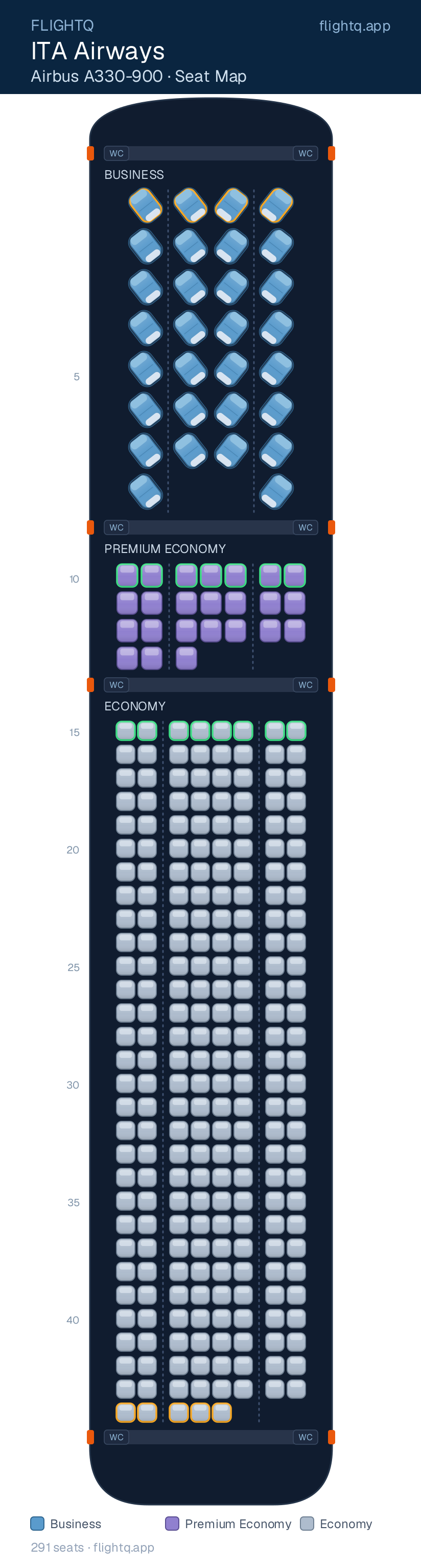 ITA Airways Airbus A330-900neo seat map with 291 seats across 3 cabins — best seats and rows to avoid