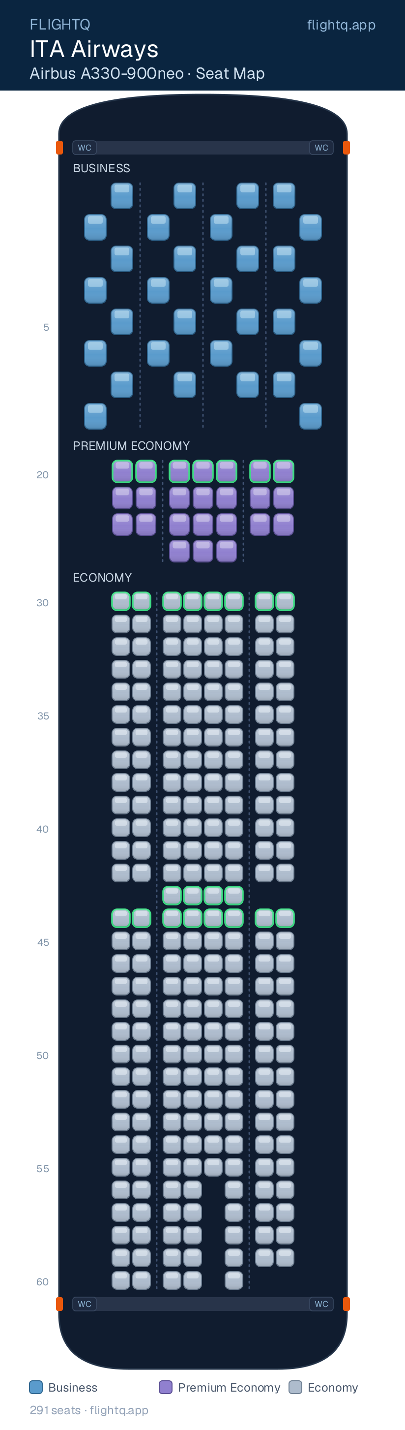 ITA Airways Airbus A330-900neo seat map with 291 seats across 3 cabins — best seats and rows to avoid