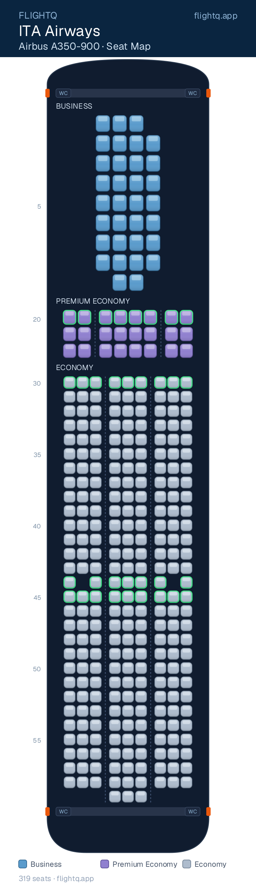 ITA Airways Airbus A350-900 seat map with 319 seats across 3 cabins — best seats and rows to avoid
