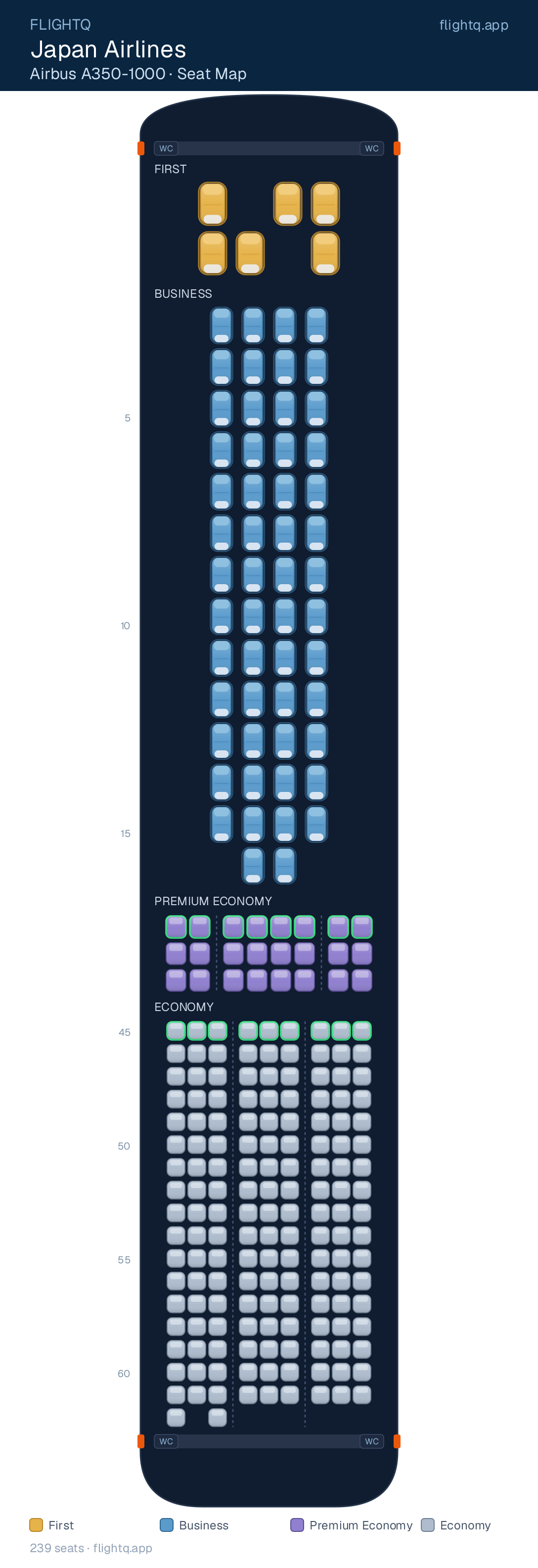 Japan Airlines Airbus A350-1000 seat map with 239 seats across 4 cabins — best seats and rows to avoid