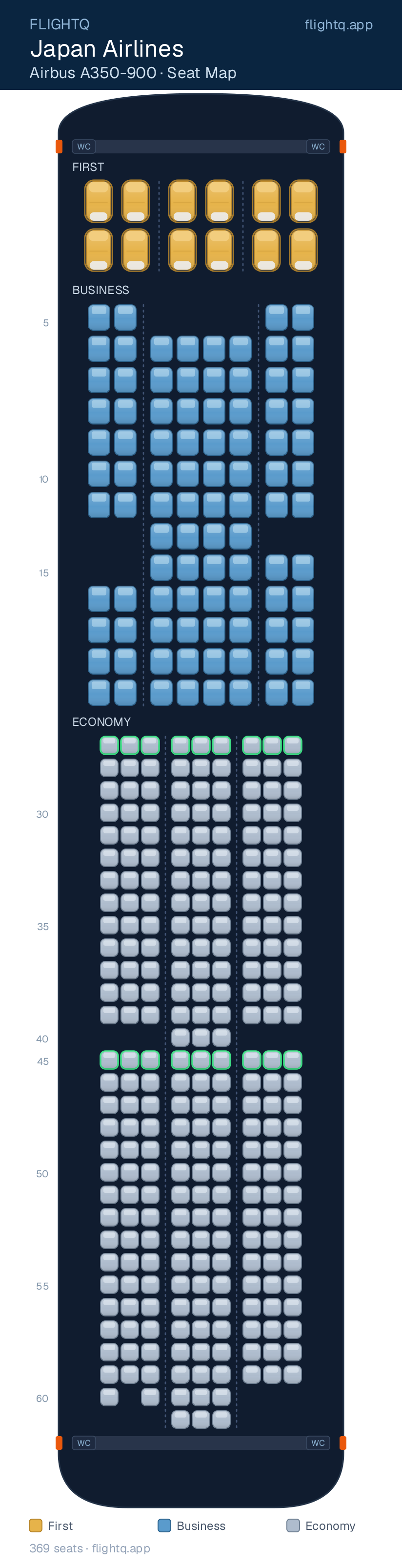 Japan Airlines Airbus A350-900 seat map with 369 seats across 3 cabins — best seats and rows to avoid