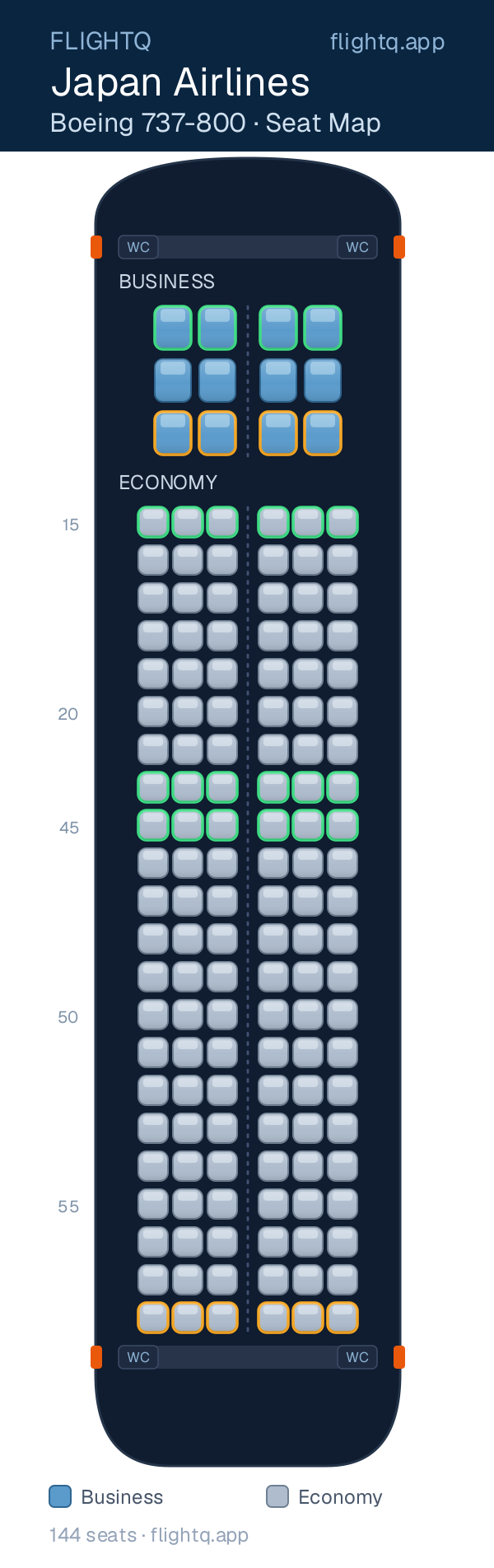 Japan Airlines Boeing 737-800 seat map with 144 seats across 2 cabins — best seats and rows to avoid