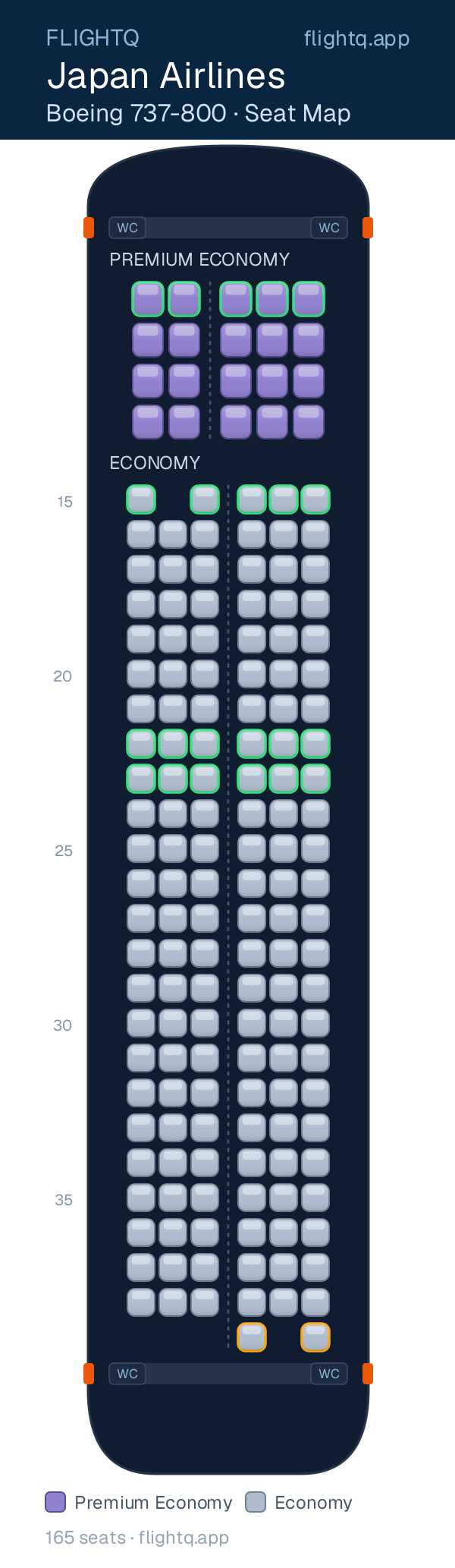 Japan Airlines Boeing 737-800 seat map with 165 seats across 2 cabins — best seats and rows to avoid