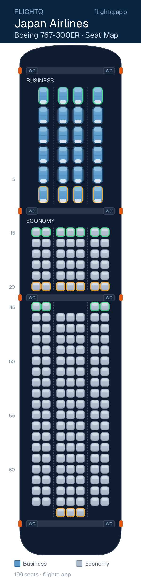 Japan Airlines Boeing 767-300ER seat map with 199 seats across 2 cabins — best seats and rows to avoid
