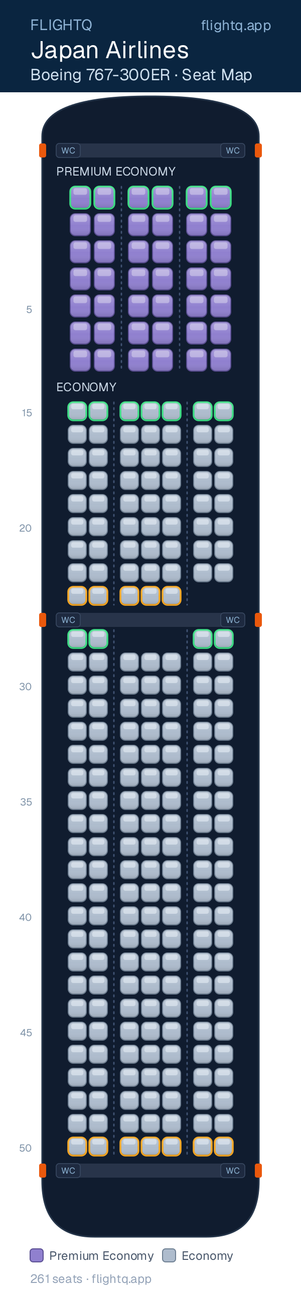 Japan Airlines Boeing 767-300ER seat map with 261 seats across 2 cabins — best seats and rows to avoid