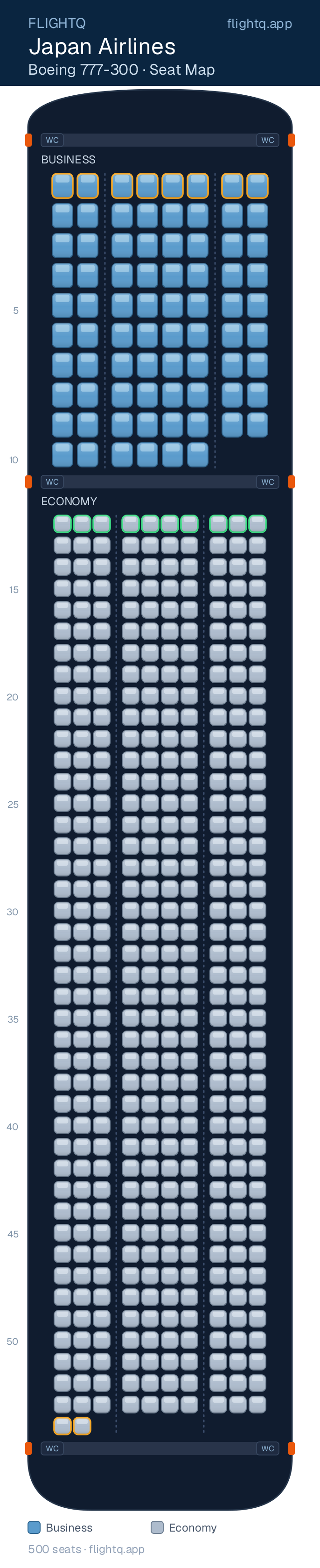 Japan Airlines Boeing 777-300ER seat map with 500 seats across 2 cabins — best seats and rows to avoid